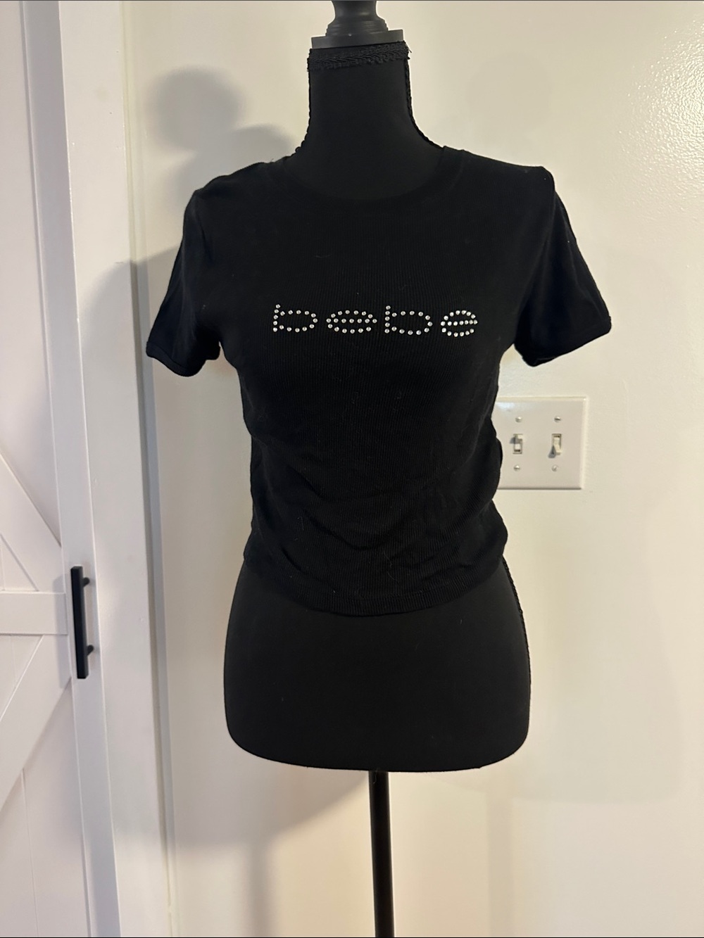 bebe Black Rhinestone Logo Short Sleeve Tee